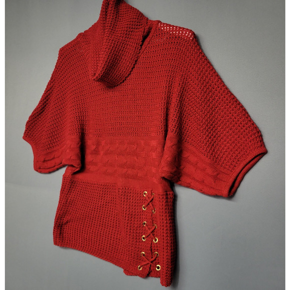 Jennifer Lauren Sweater Womens L Red Open Knit Side Lace Up Dolman Cowl Neck - Picture 7 of 14